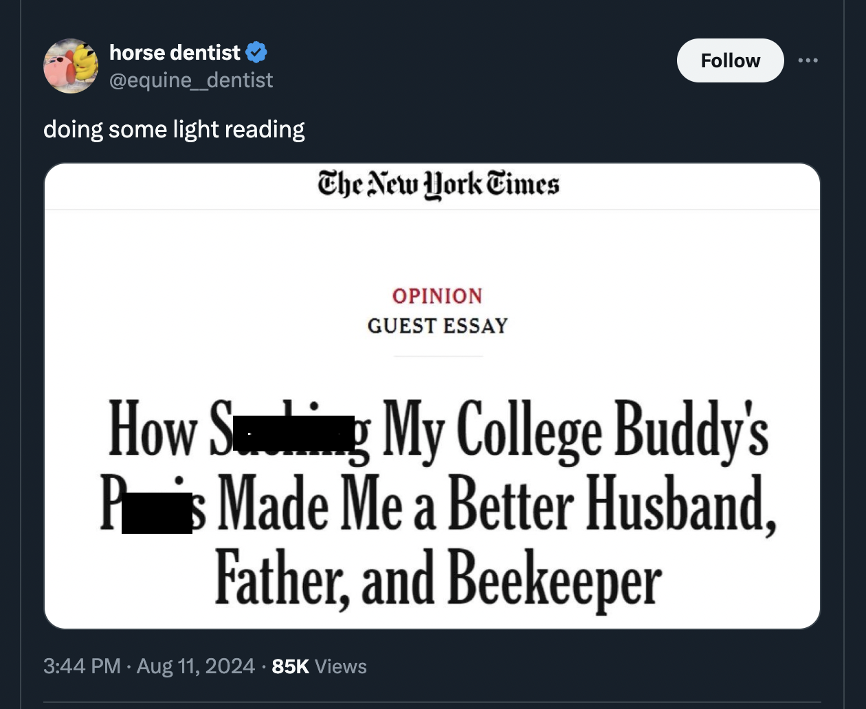 screenshot - horse dentist doing some light reading The New York Times Opinion Guest Essay How Sing My College Buddy's Ps Made Me a Better Husband, Father, and Beekeeper 85K Views